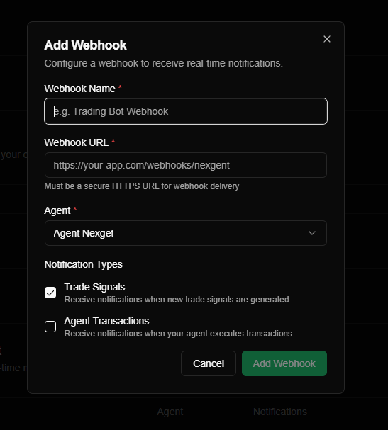 Add Webhook Dialog in Nexgent