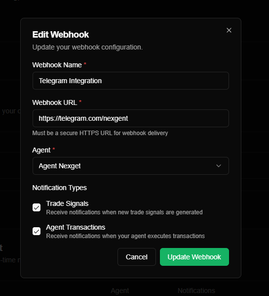 Edit Webhook Dialog in Nexgent