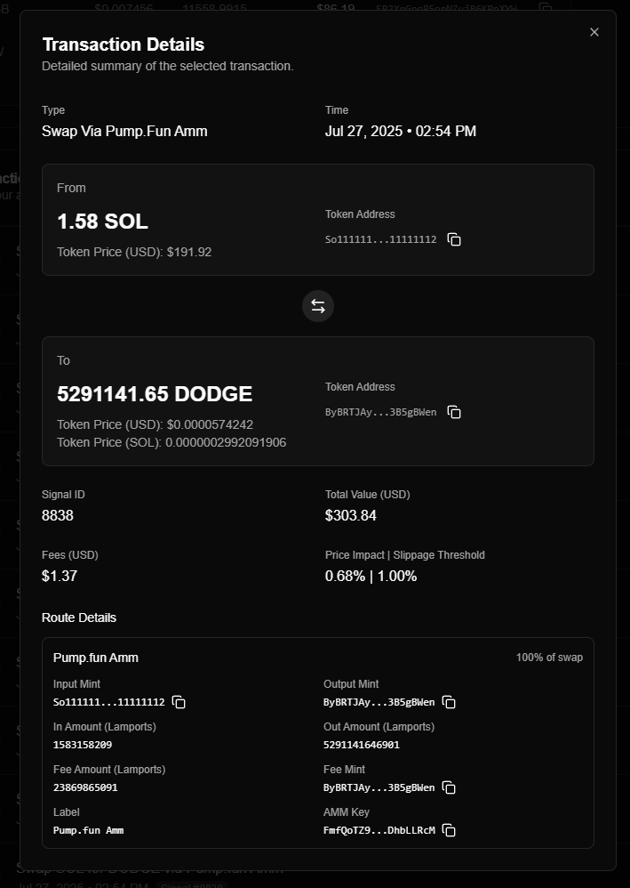 Transaction Details Modal Showing Route, Price Impact, and Fees