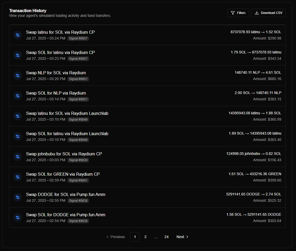 Agent transaction history with swap, burn, and filter examples