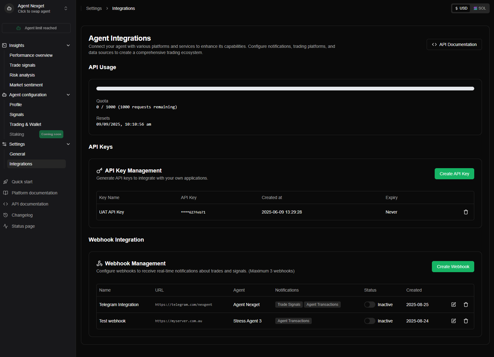 Nexgent Webhook Integration Management via Integrations page