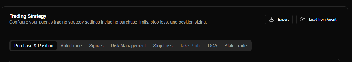 Trading Strategy header with Export and Load from Agent buttons