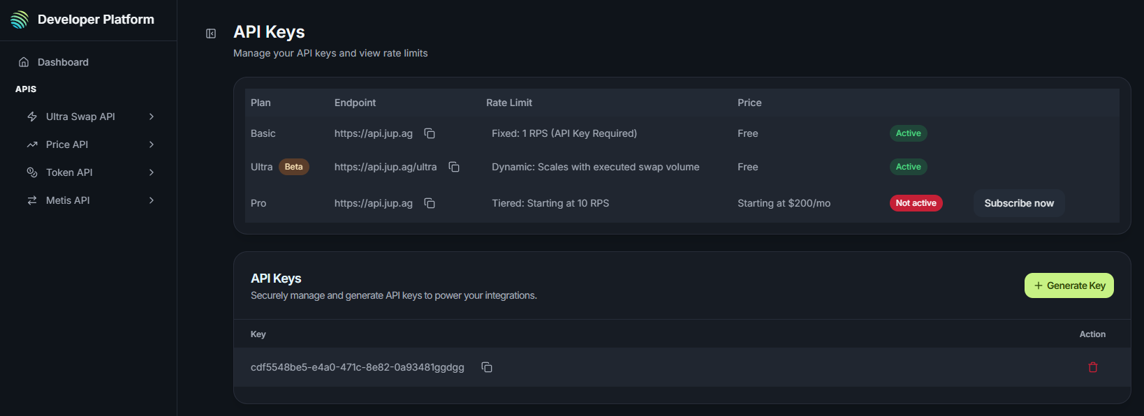 Jupiter API Portal - API Keys page showing Generate Key button