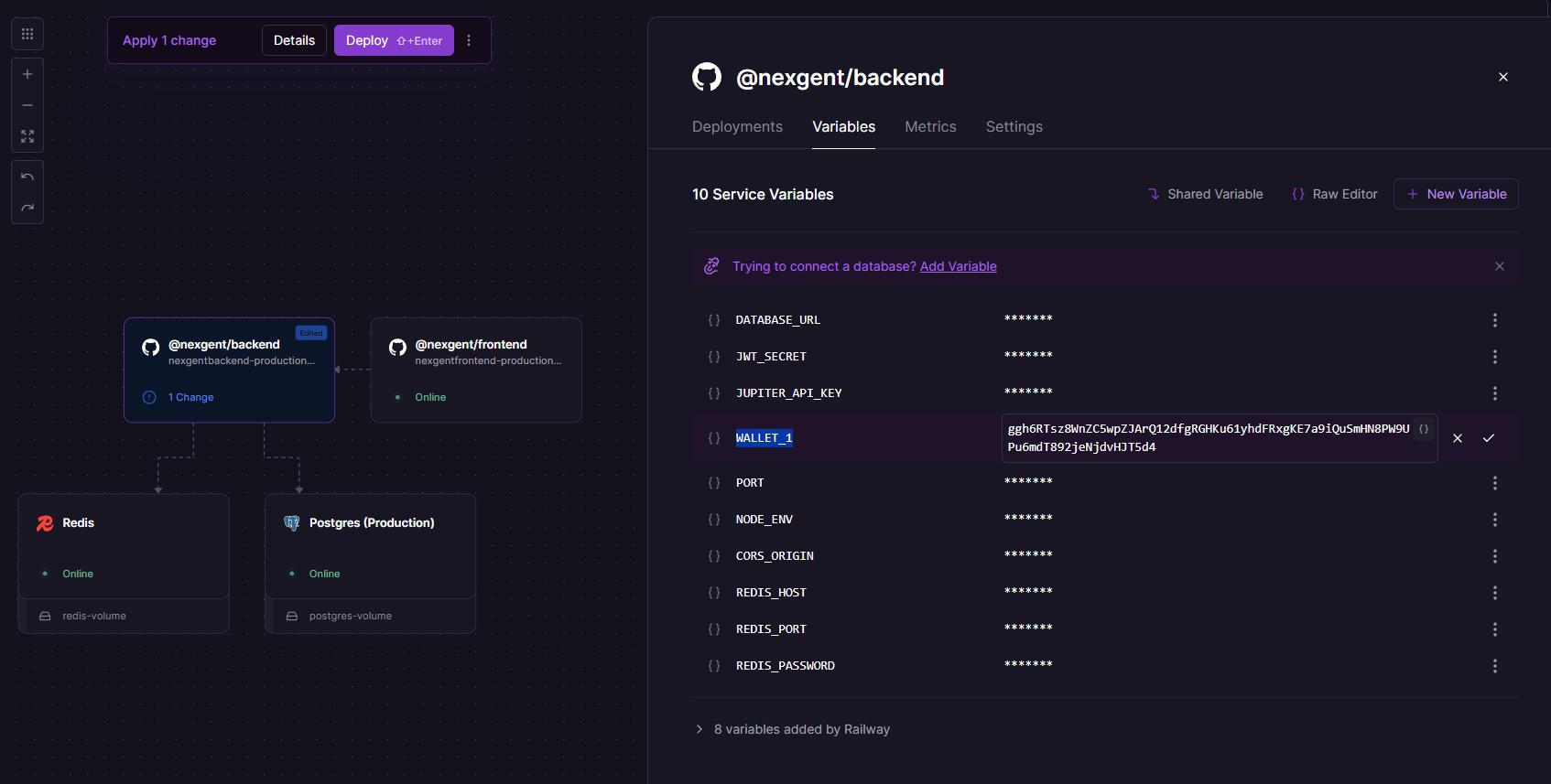 Railway Variables tab showing WALLET_1 environment variable