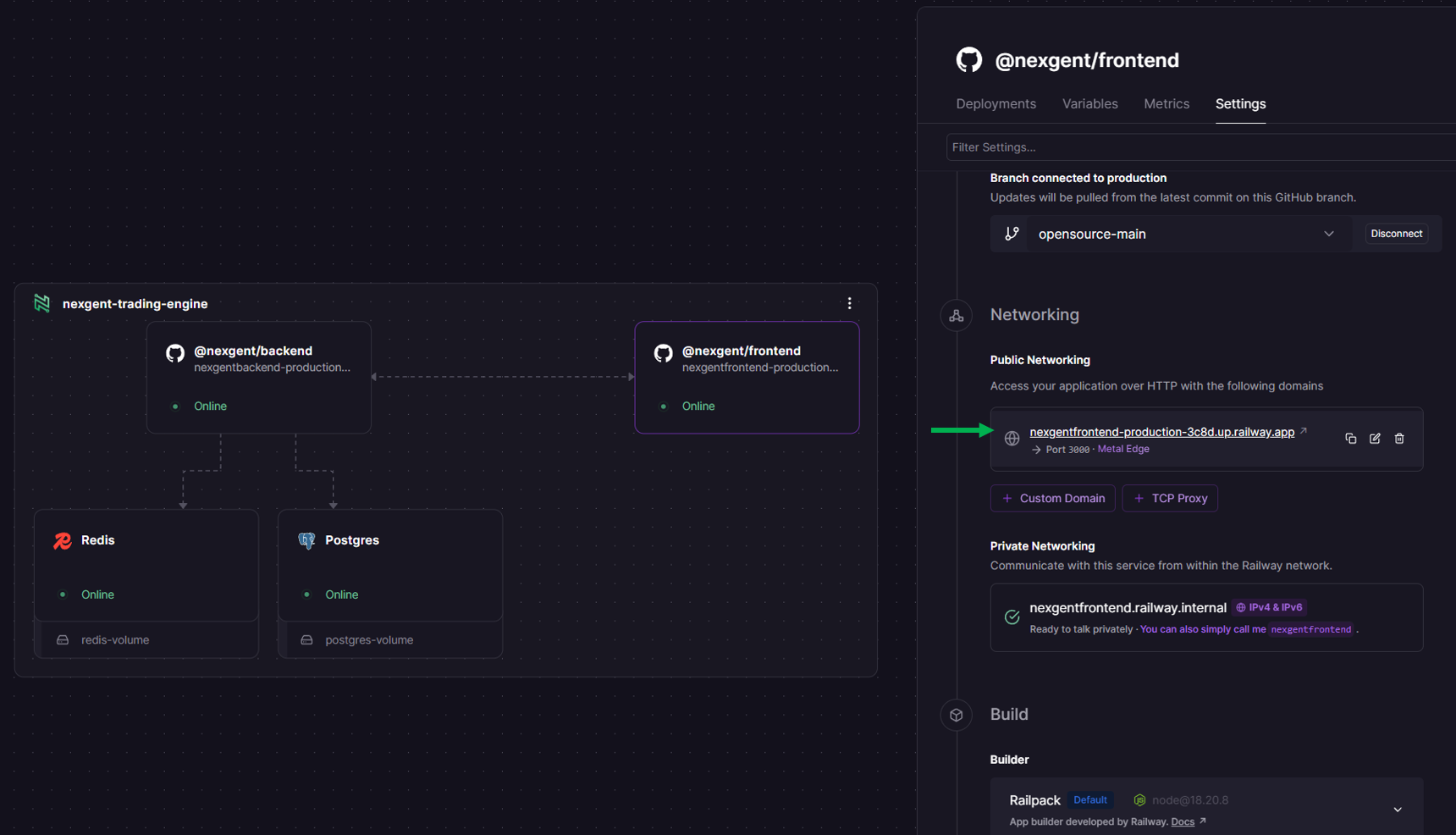 Railway Settings tab showing Public Domain for the frontend service