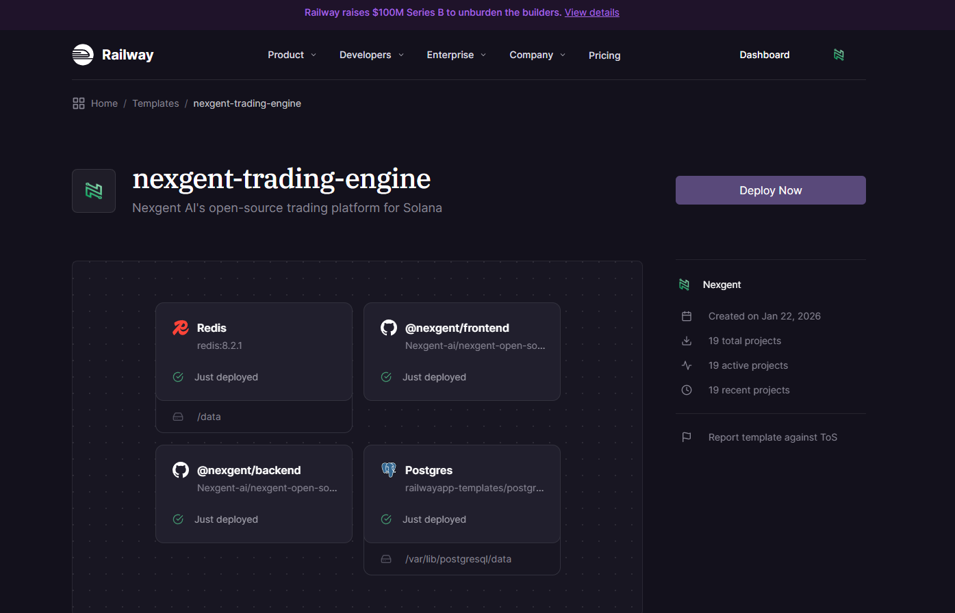 Railway template deployment page showing Deploy button
